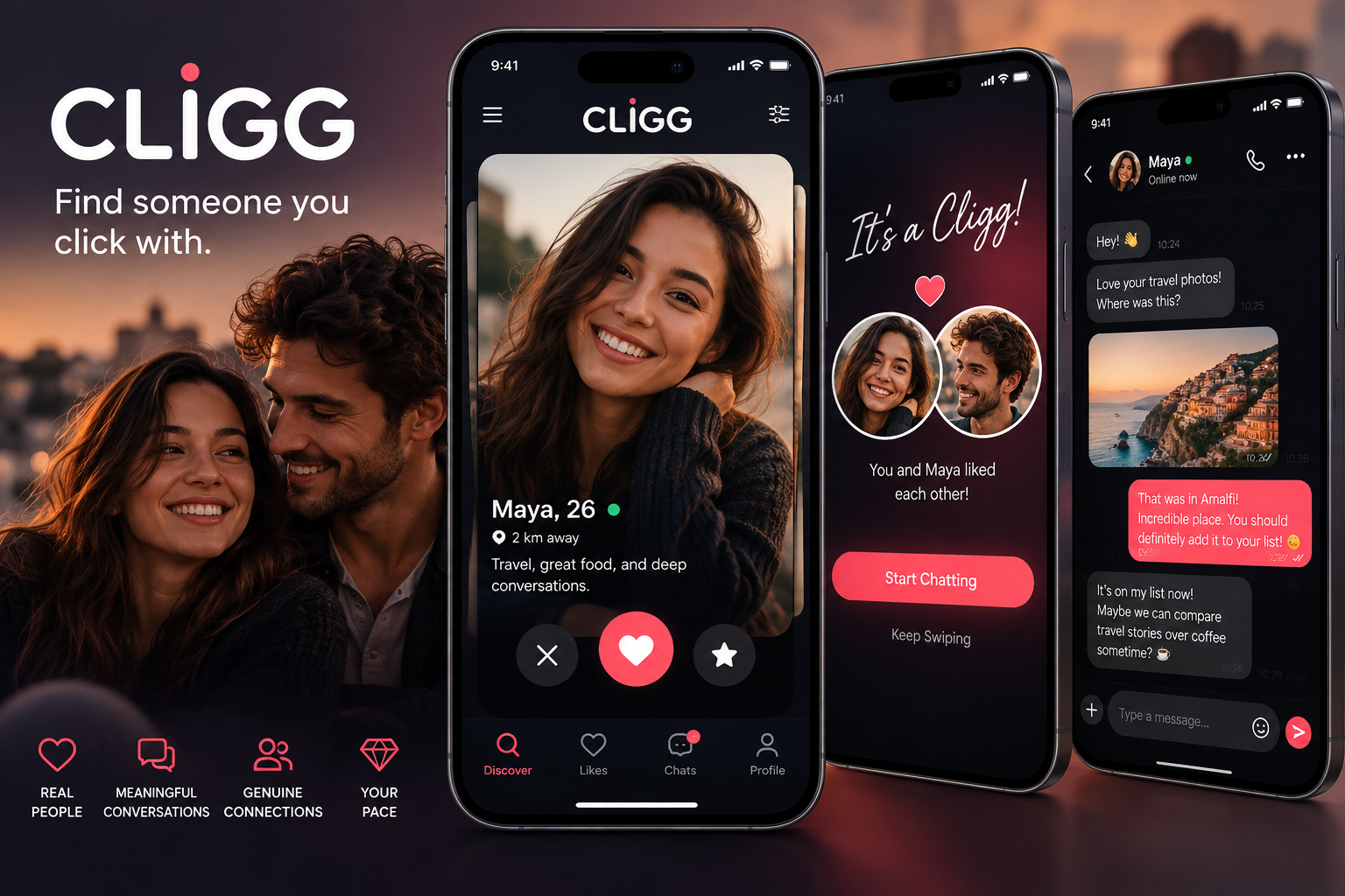 Approved CLIGG design concept with discovery, matching and chat previews